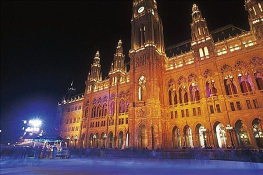 光亮,市政厅,夜晚,冬天,雪,维也纳,欧洲