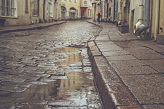 老城,人行道,街道,雨天,模糊,复古,暗色图象,浅,景深