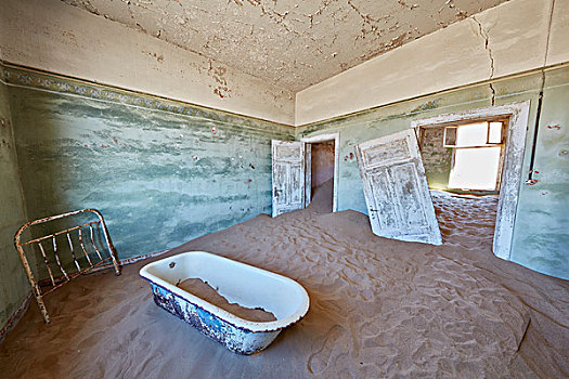 风景,浴室,废弃,建筑,满,沙子