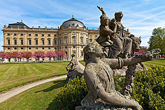雕塑,正面,维尔茨堡,住宅,巴洛克,宫殿,世界遗产,花园,建造,巴伐利亚,德国,欧洲