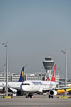 土耳其,航线,飞机,飞机跑道,塔,背景,慕尼黑,机场,上巴伐利亚,德国,欧洲