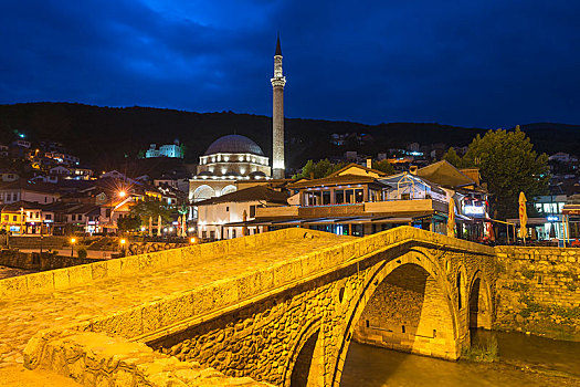 石桥,上方,河,清真寺,早晨,科索沃,欧洲