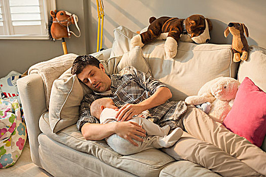疲惫,父亲,婴儿,儿子,睡觉,沙发