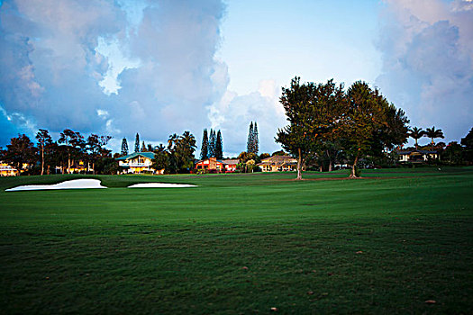 沿岸,高尔夫球场,日落,普林斯维尔,考艾岛,夏威夷