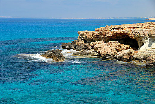 岩石海岸,悬崖,蓝色,海洋,帽,南方,塞浦路斯,塞浦路斯共和国,地中海,欧洲