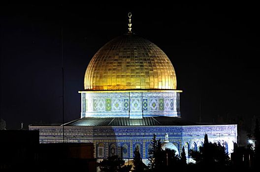 金色,穹顶,石头,夜晚,寺庙,山,耶路撒冷,以色列,近东,东方