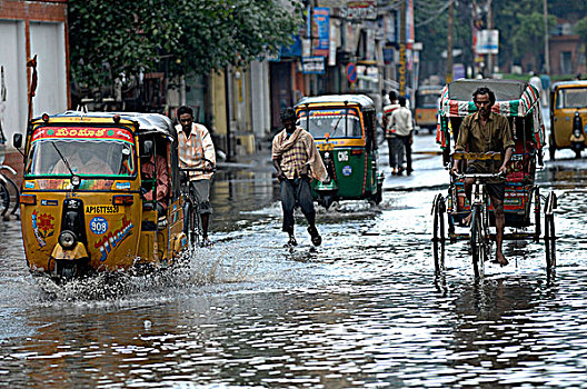 印度,安得拉邦,人力车,洪水,街道