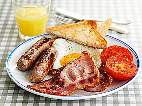 英国,早餐,熏肉,香肠,煎鸡蛋,西红柿