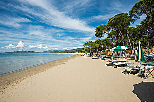 折叠躺椅,海滩,靠近,省,格罗塞托,托斯卡纳,意大利,欧洲