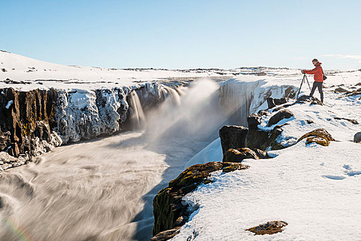 摄影,男人,边缘,瀑布,冬天,峡谷,北方,冰岛,欧洲