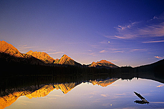 湖,日落,卡纳纳斯基斯县,艾伯塔省,加拿大
