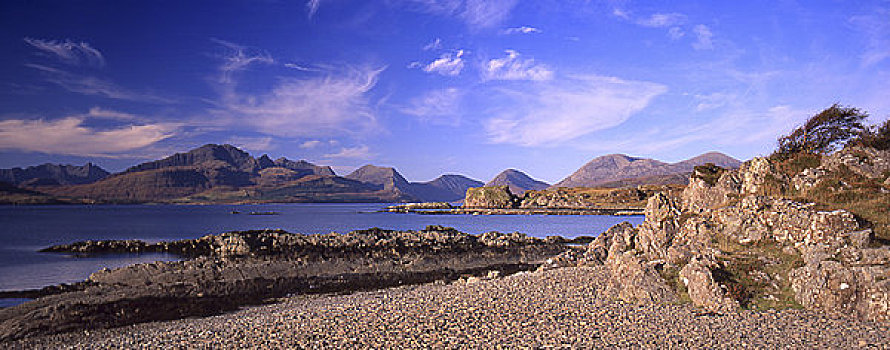 苏格兰,斯凯岛,全景,山峦,海滩,岩石,海岸线,前景