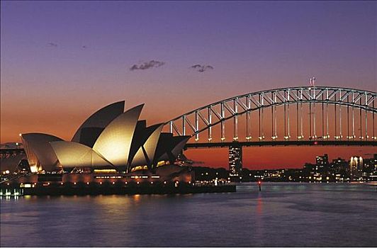 光亮,剧院,海港大桥,日落,夜光,悉尼,澳大利亚