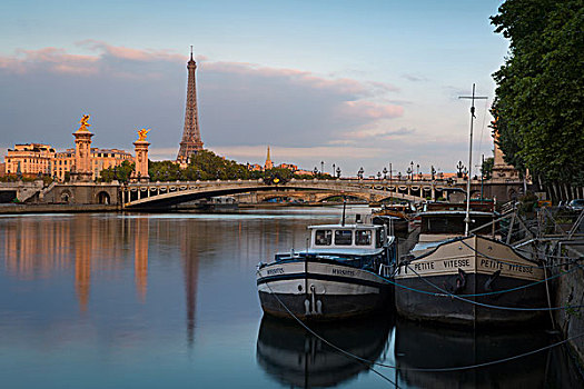 黎明,上方,河船,亚历山大三世,埃菲尔铁塔,塞纳河,巴黎,法国