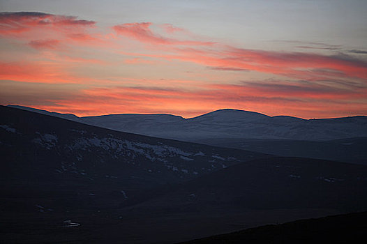 苏格兰,阿伯丁,国家公园,风景,黄昏,上方,红色天空,日落