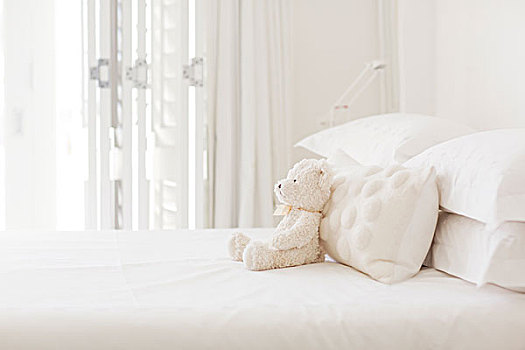 泰迪熊,枕头,白色背景,床