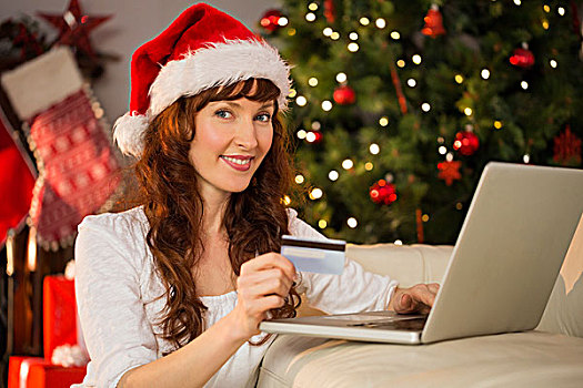 微笑,红发,网上购物,笔记本电脑