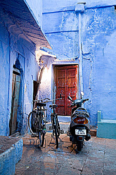 摩托车,自行车,排列,户外,入口,印度
