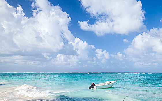 小,白色,汽艇,漂浮,停泊,靠近,海岸,大西洋,多米尼加共和国,蓬塔卡纳