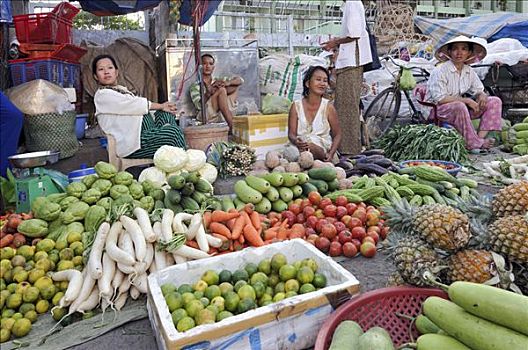 市场,女人,果蔬,货摊,鱼市,永隆,湄公河三角洲,越南,亚洲