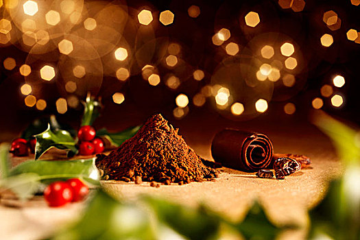 乔木,木桌子,堆,可可粉,可可豆,巧克力卷,圣诞节