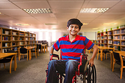合成效果,图像,男孩,坐,轮椅,学校,走廊,风景,图书馆