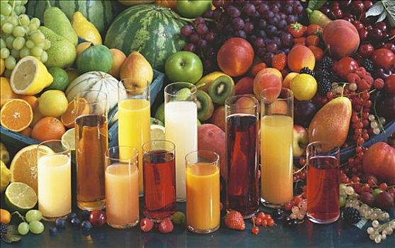 多样,果汁,玻璃杯,正面,新鲜,水果