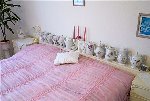 旧式,卧室,粉色,床单,茶壶,德国,欧洲