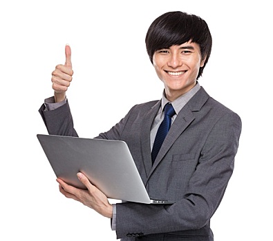 年轻,商务人士,笔记本电脑,竖大拇指
