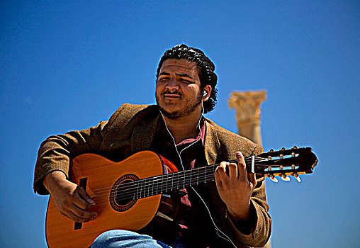 萨布拉塔,利比亚,年轻,吉他手,演奏,残留,罗马人,城市