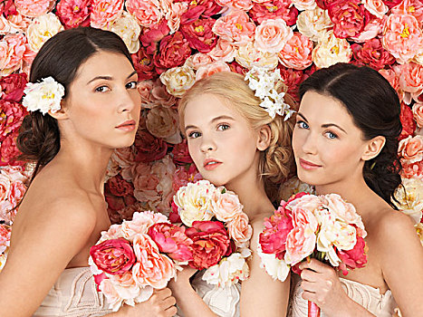 美女,三个女人,背景,满,玫瑰