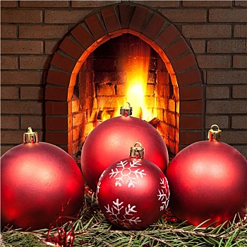 红色,圣诞节,小玩意,云杉,壁炉