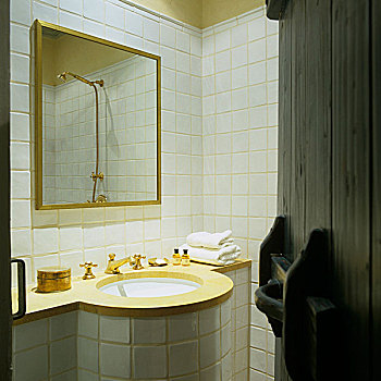 风景,白色,砖瓦,浴室,圆,盆,黄铜,水龙头,镜子