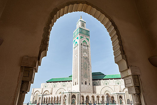 风景,拱道,哈桑二世清真寺,大,哈桑二世,摩尔风格,建筑,尖塔,世界,卡萨布兰卡,摩洛哥,非洲