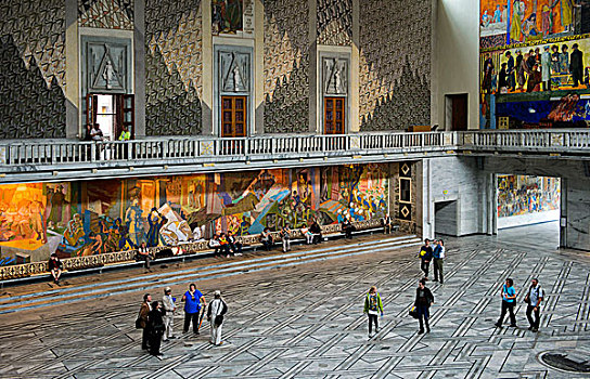 游人,看,壁画,大厅,奥斯陆,市政厅,挪威,欧洲