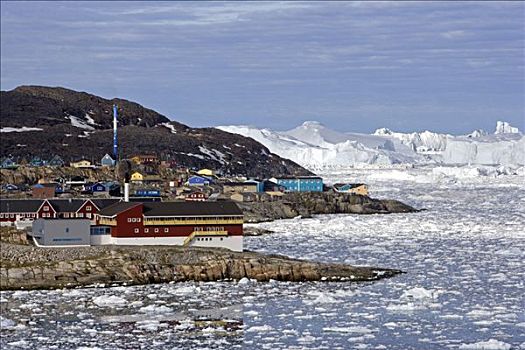 格陵兰,伊路利萨特,世界遗产,入口,城镇,展示,散开,大,扁平,冰山,背景