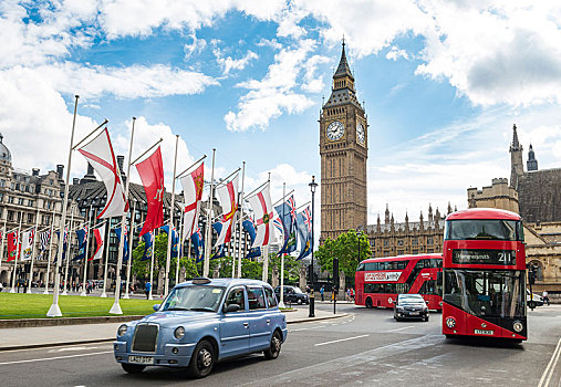出租车,红色,双层巴士,大本钟,威斯敏斯特宫,伦敦,英格兰,英国