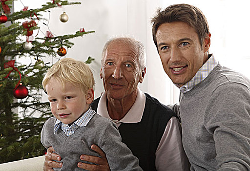 爷爷,父亲,儿子,愉悦,圣诞树,特写