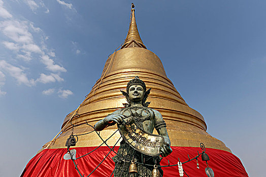 青铜,雕塑,正面,金色,契迪,山,寺院,地区,曼谷,泰国,亚洲