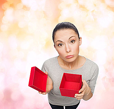 庆贺,休假,高兴,概念,失望,亚洲女性,空,红色,礼盒