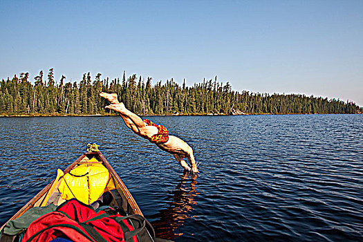 一个,男人,降温,湖,热,白天,独木舟,露营,省立公园,安大略省,加拿大