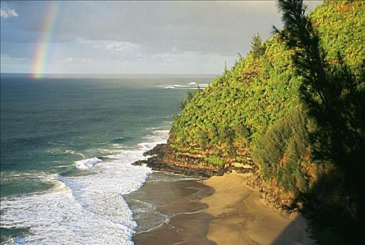 夏威夷,考艾岛,纳帕利海岸,海滩,彩虹,远景