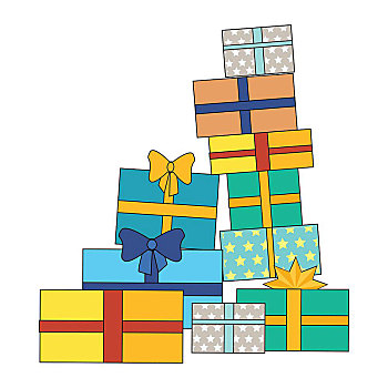 堆,彩色,包装,礼盒,大,山,礼物,漂亮,盒子,压制,蝴蝶结,象征,圣诞礼物,隔绝,矢量,插画