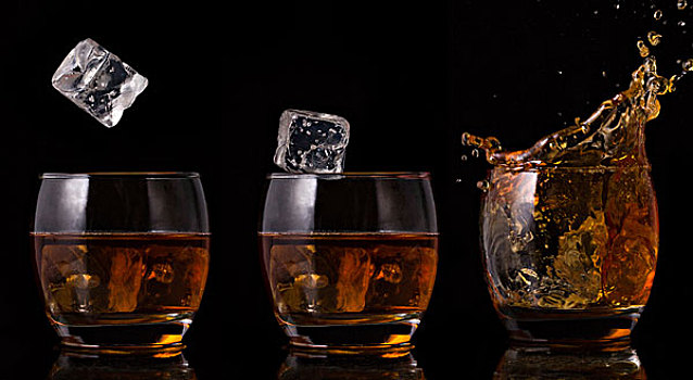 序列,安放,冰,落下,威士忌酒杯,黑色背景,背景