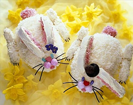 两个,小兔,形状,蛋糕,复活节,水仙花