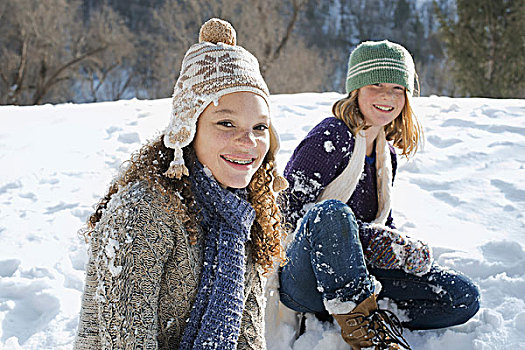 冬季风景,雪,地上,女人,孩子,坐,地面,笑