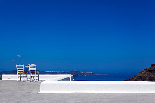 两个,椅子,桌子,平台,锡拉岛,基克拉迪群岛,希腊,欧洲
