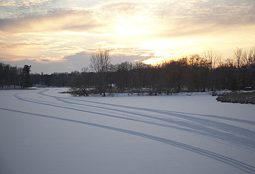 积雪,湖,日落,王子,安大略省,加拿大