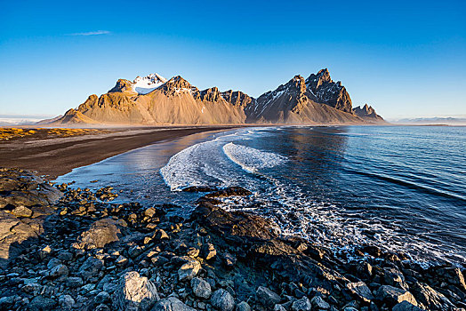 火山岩,海滩,黑沙,山,海岬,山脉,东方,冰岛,欧洲