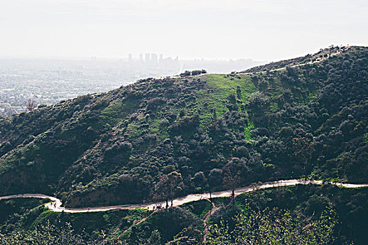 俯视图,弯路,山,远景,城市,洛杉矶,加利福尼亚,美国